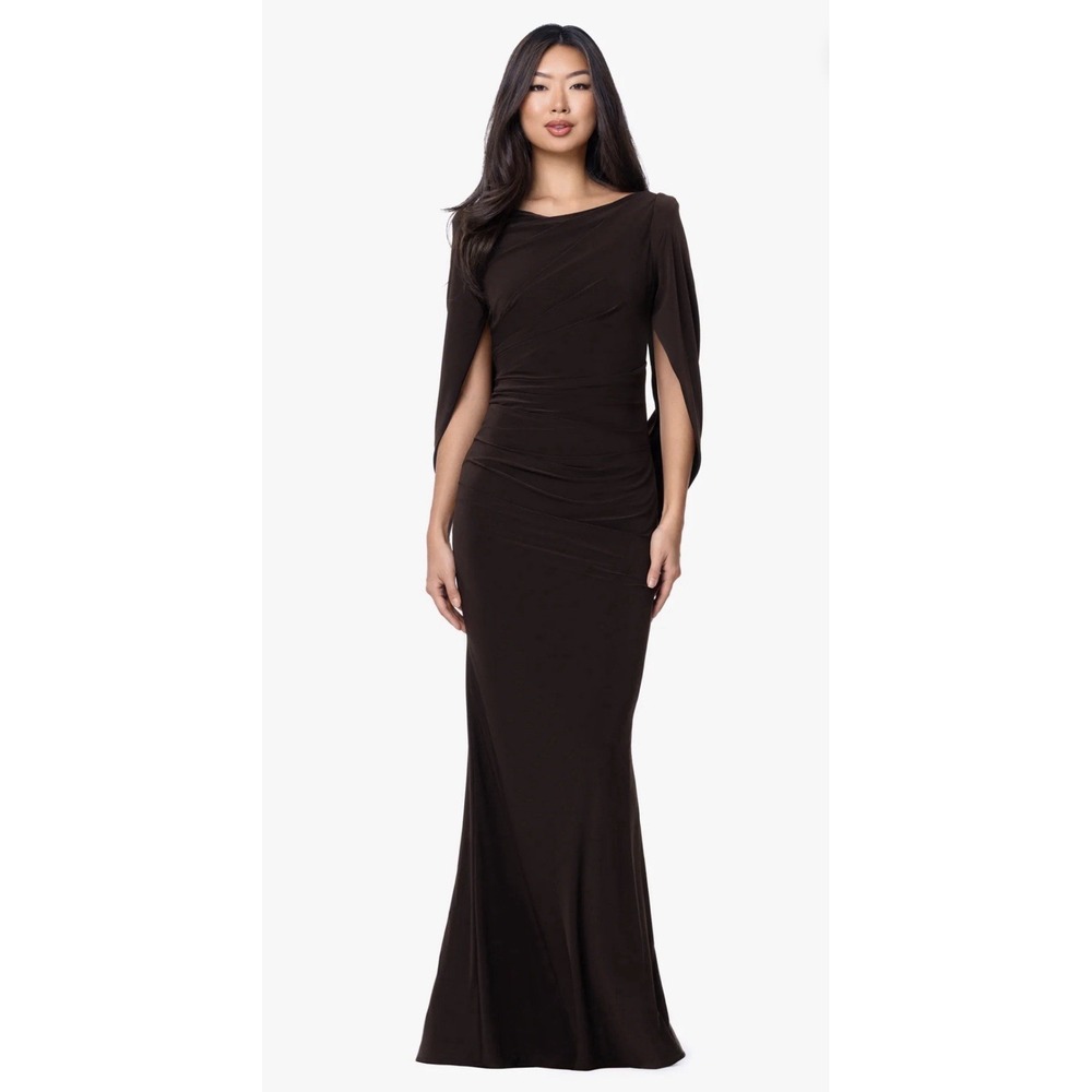 Betsy & Adam Miriam Long Jersey Draped Back Long Gown Cape Sleeves Brown Size 16